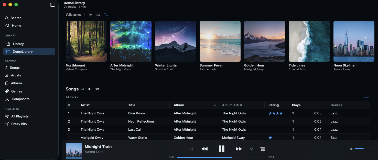 Smile DemoLibrary with album grid and song list